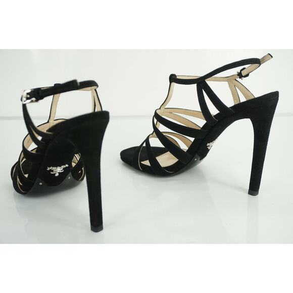 Prada Strappy Black Suede Strappy High Heel Cage Sandals Ankle Strap - Picture 6 of 10